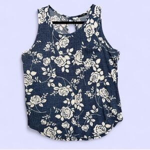 Papermoon XL Navy White Floral Rose Print Sleeveless Keyhole Back Top Feminine